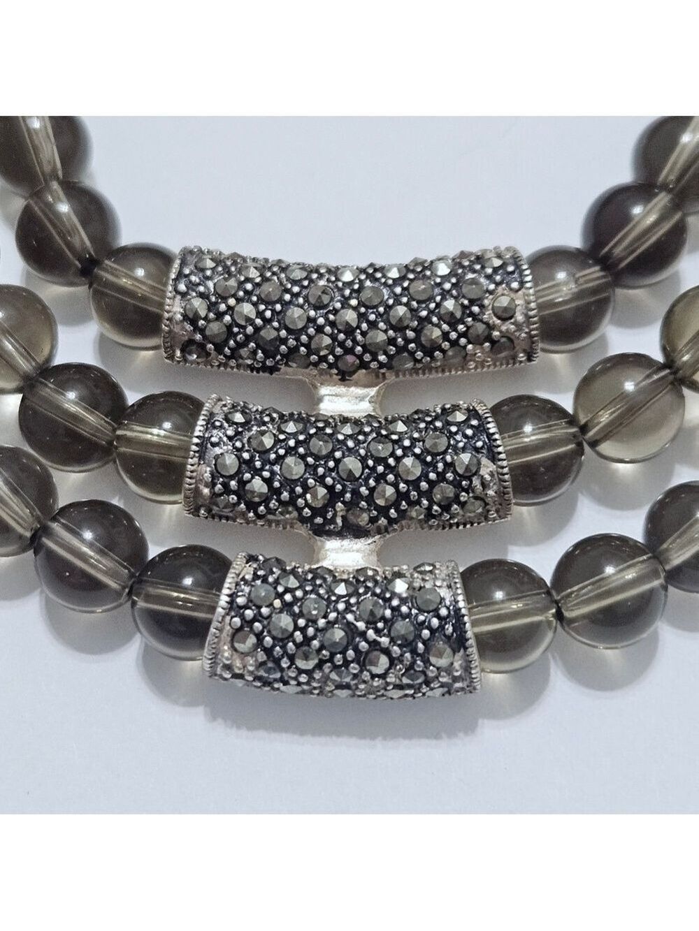 Vintage Triple Strand Natural Smoky Quartz .925 Sterling Silver Necklace - Picture 6 of 7